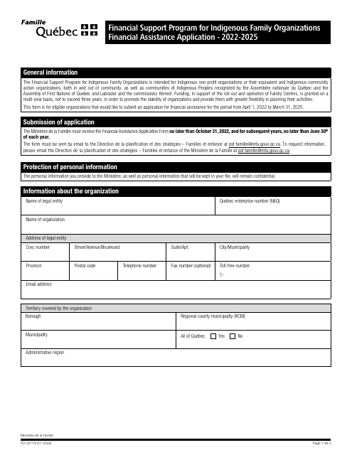 Form FO-0271A Financial Assistance Application - Financial Support Program for Indigenous Family Organizations - Quebec, Canada, 2025