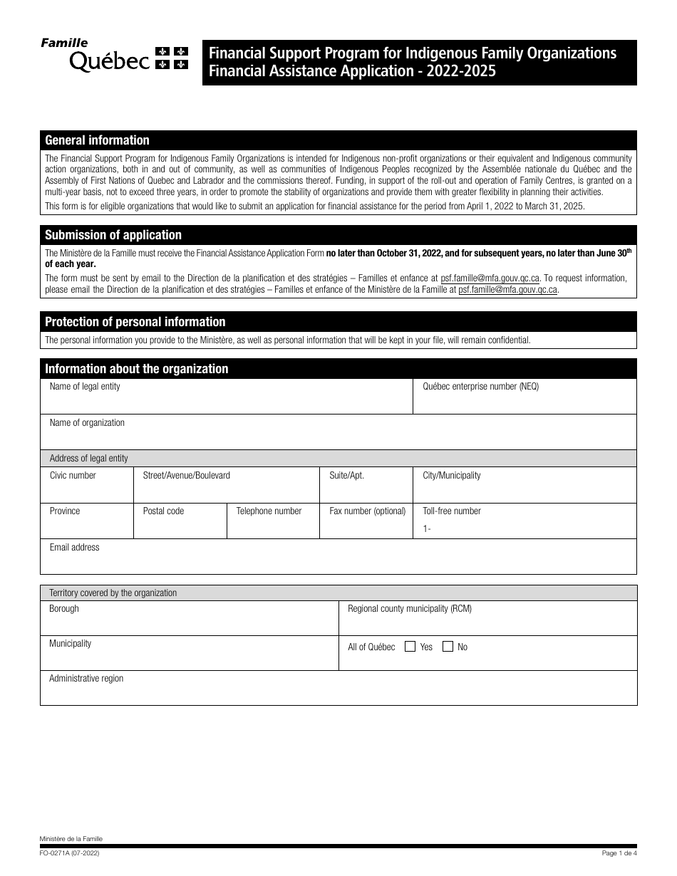 Form FO-0271A Financial Assistance Application - Financial Support Program for Indigenous Family Organizations - Quebec, Canada, Page 1