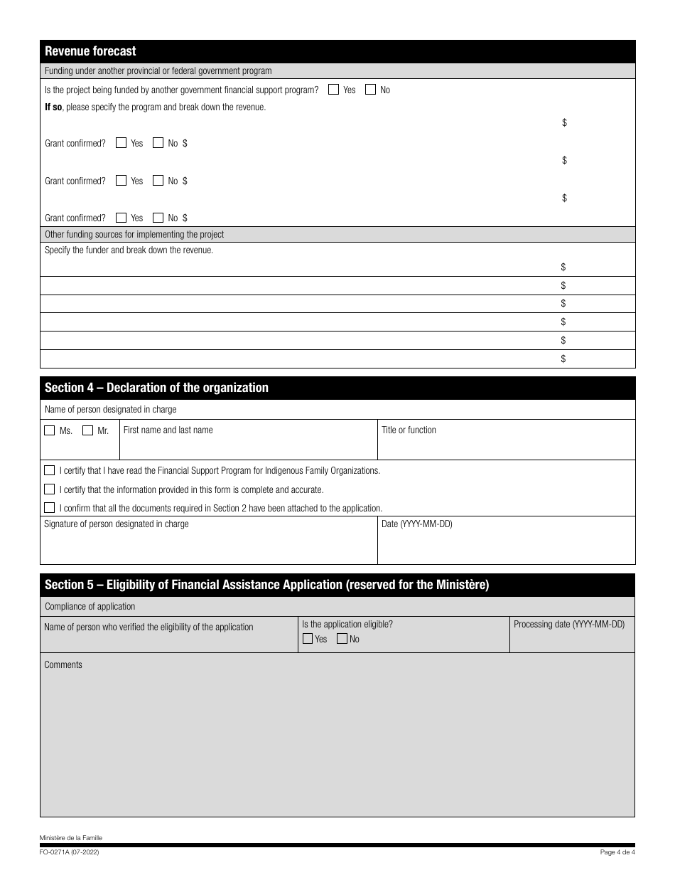 Form FO-0271A Financial Assistance Application - Financial Support Program for Indigenous Family Organizations - Quebec, Canada, Page 4