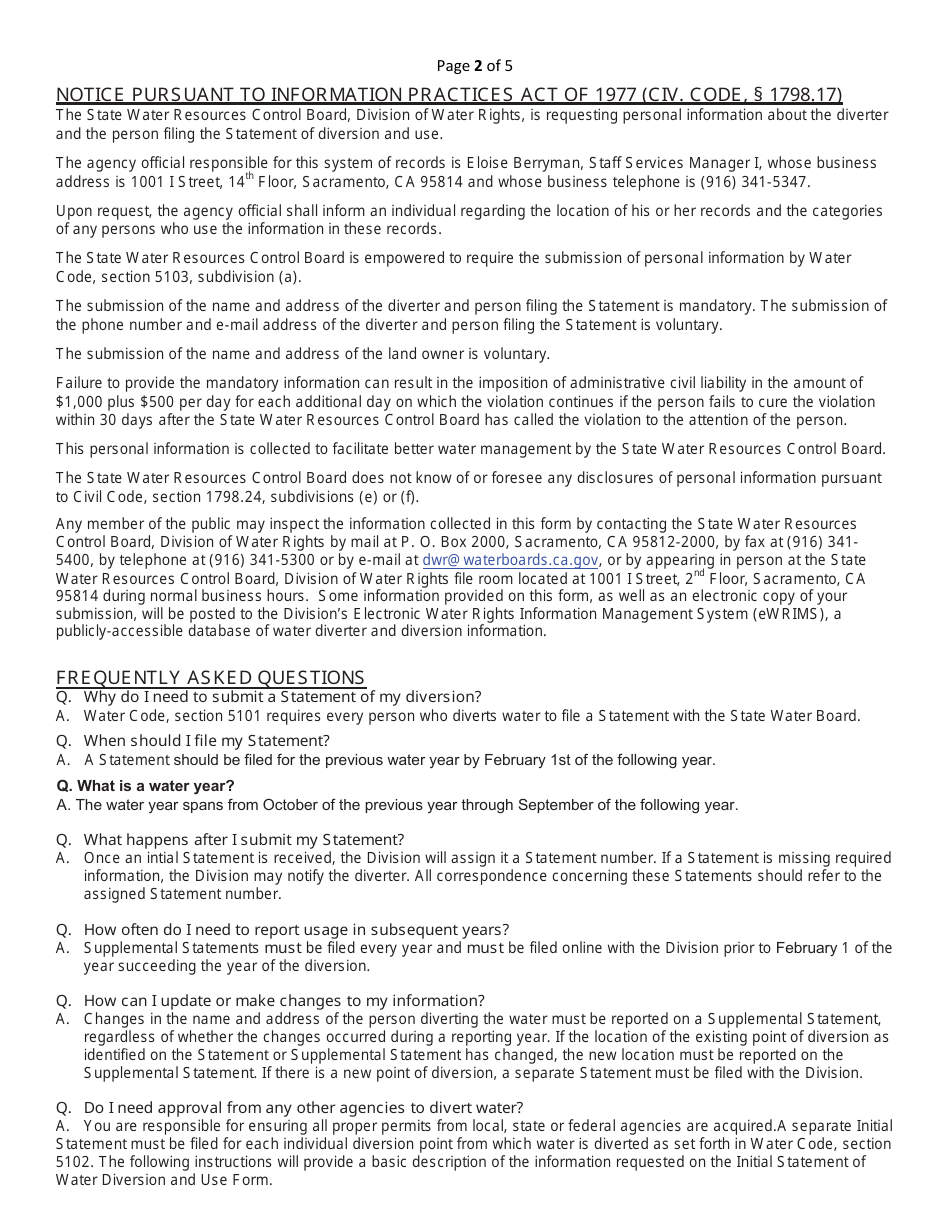 Initial Statement of Water Diversion and Use - California, Page 8