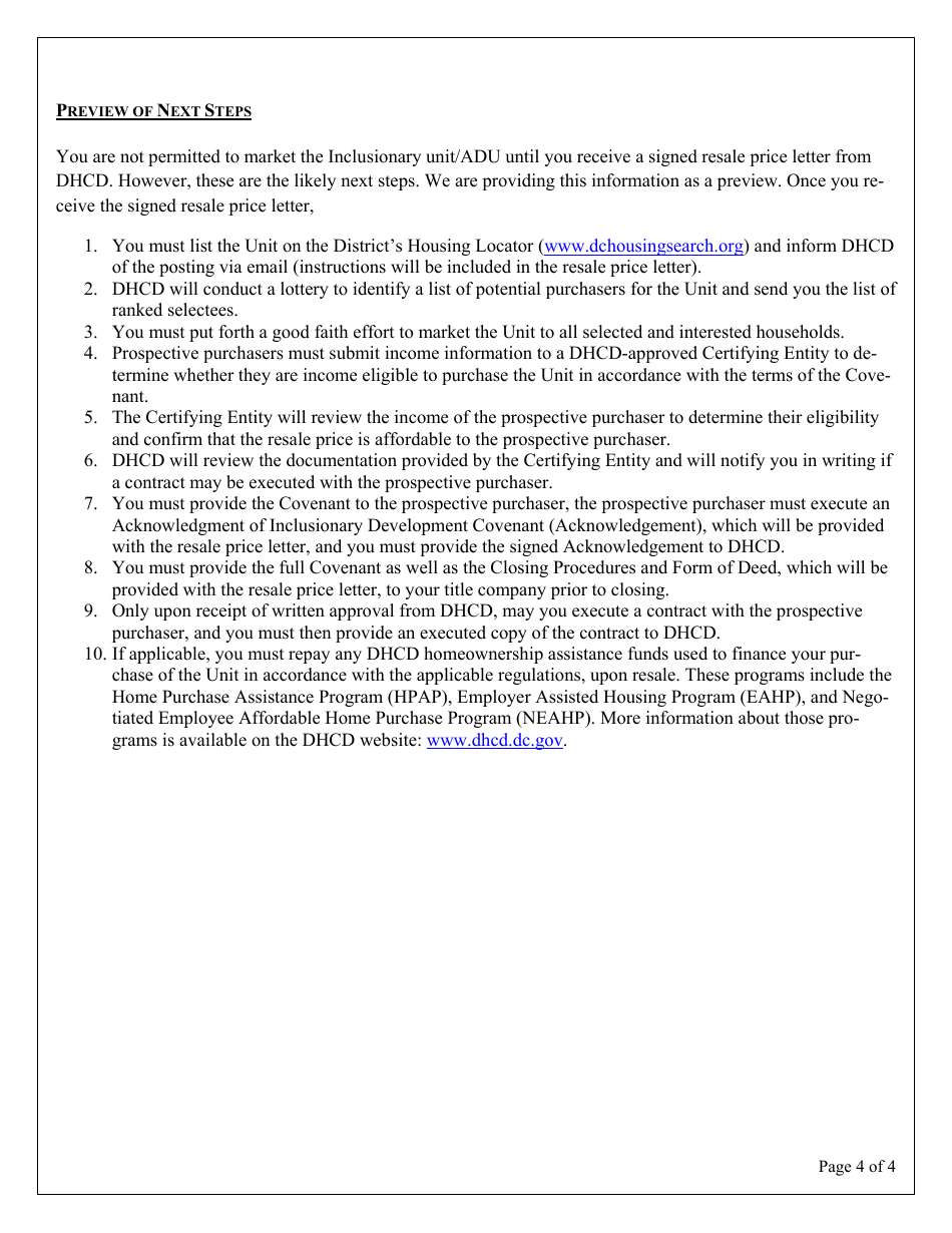 Washington, D.C. Inclusionary Unit and Affordable Dwelling Unit Resale