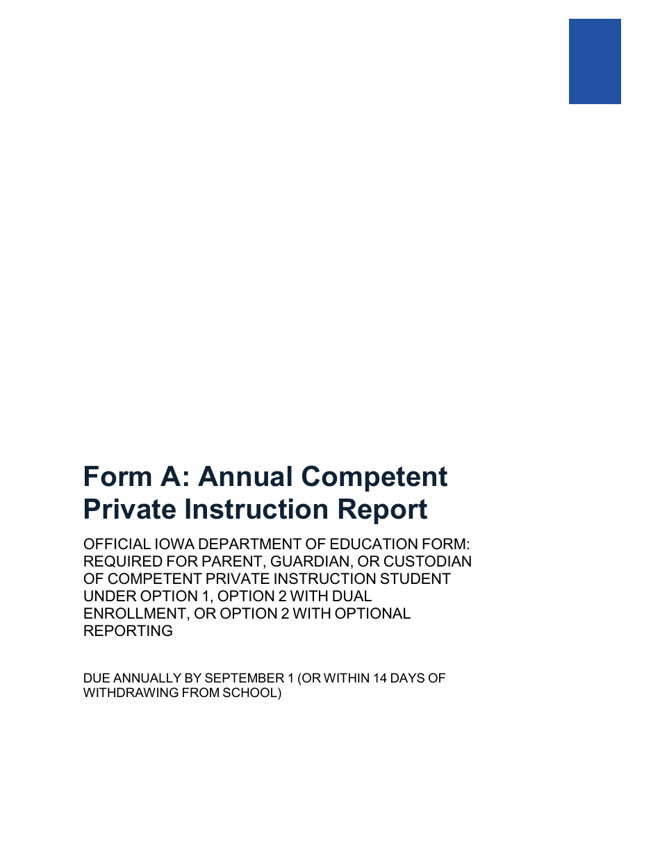 Form A Annual Competent Private Instruction Report - Iowa, Page 1