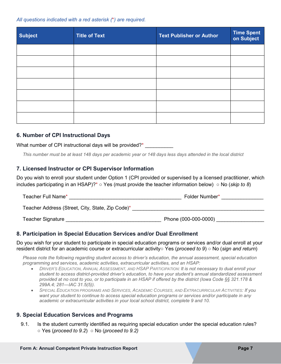 Form A Annual Competent Private Instruction Report - Iowa, Page 7