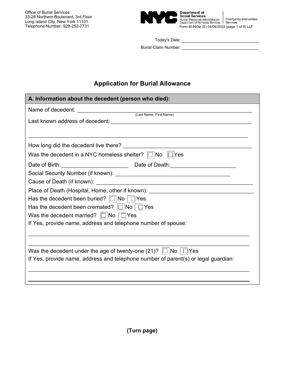 Form M-860W Application for Burial Allowance - New York City, Page 1