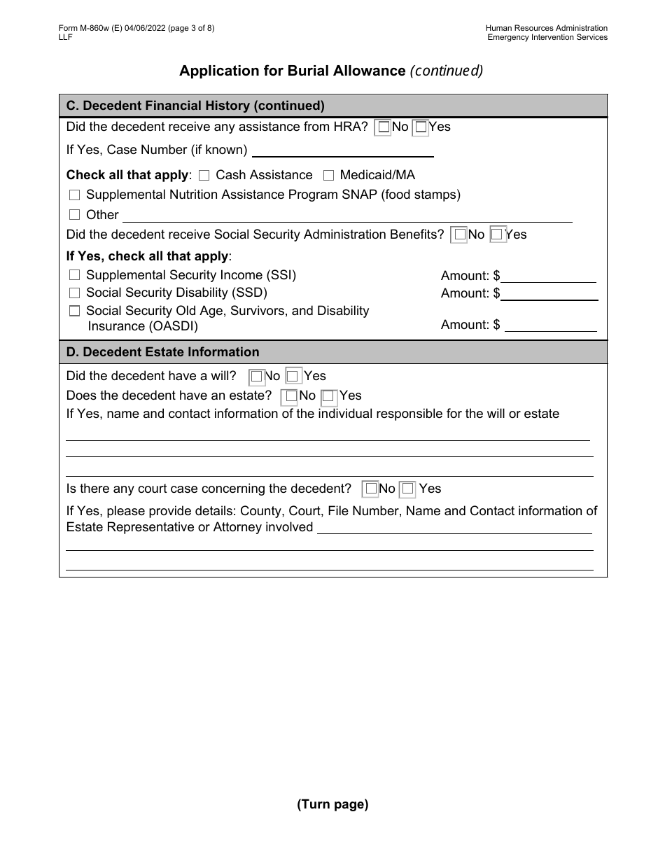 Form M-860W Application for Burial Allowance - New York City, Page 3