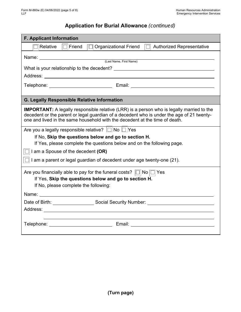 Form M-860W Application for Burial Allowance - New York City, Page 5