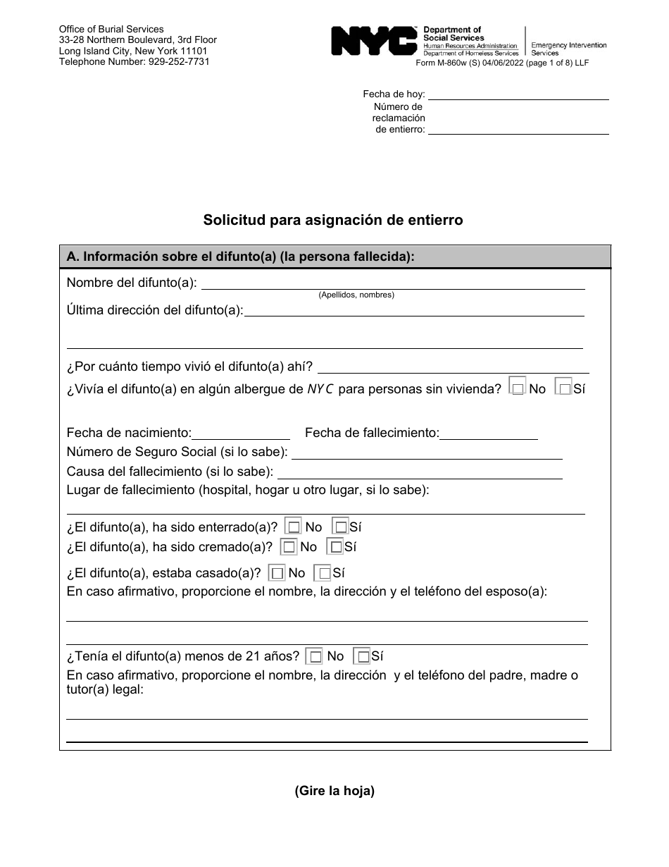 Formulario M-860W Solicitud Para Asignacion De Entierro - New York City (Spanish), Page 1
