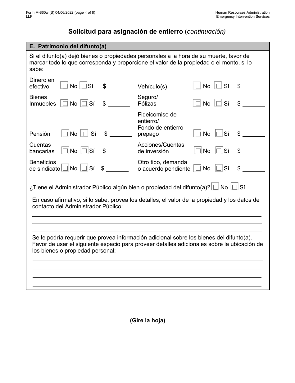 Formulario M-860W Solicitud Para Asignacion De Entierro - New York City (Spanish), Page 4