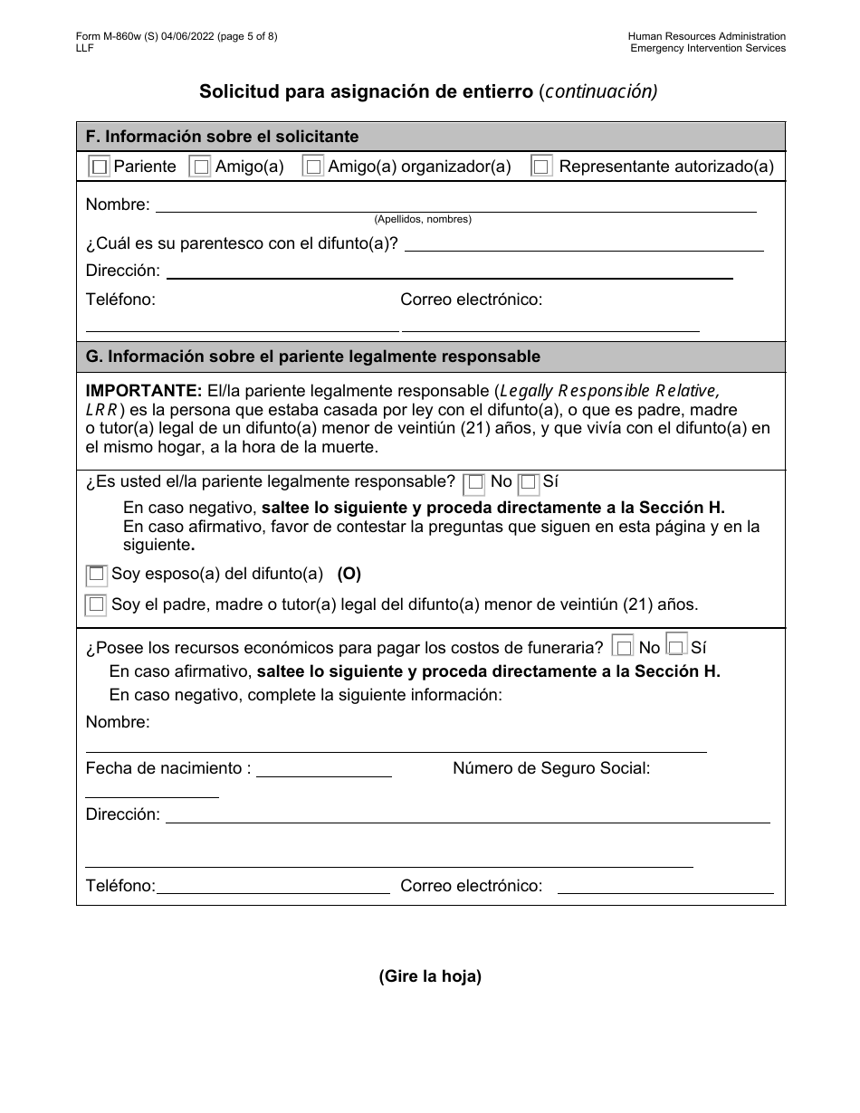 Formulario M-860W Solicitud Para Asignacion De Entierro - New York City (Spanish), Page 5