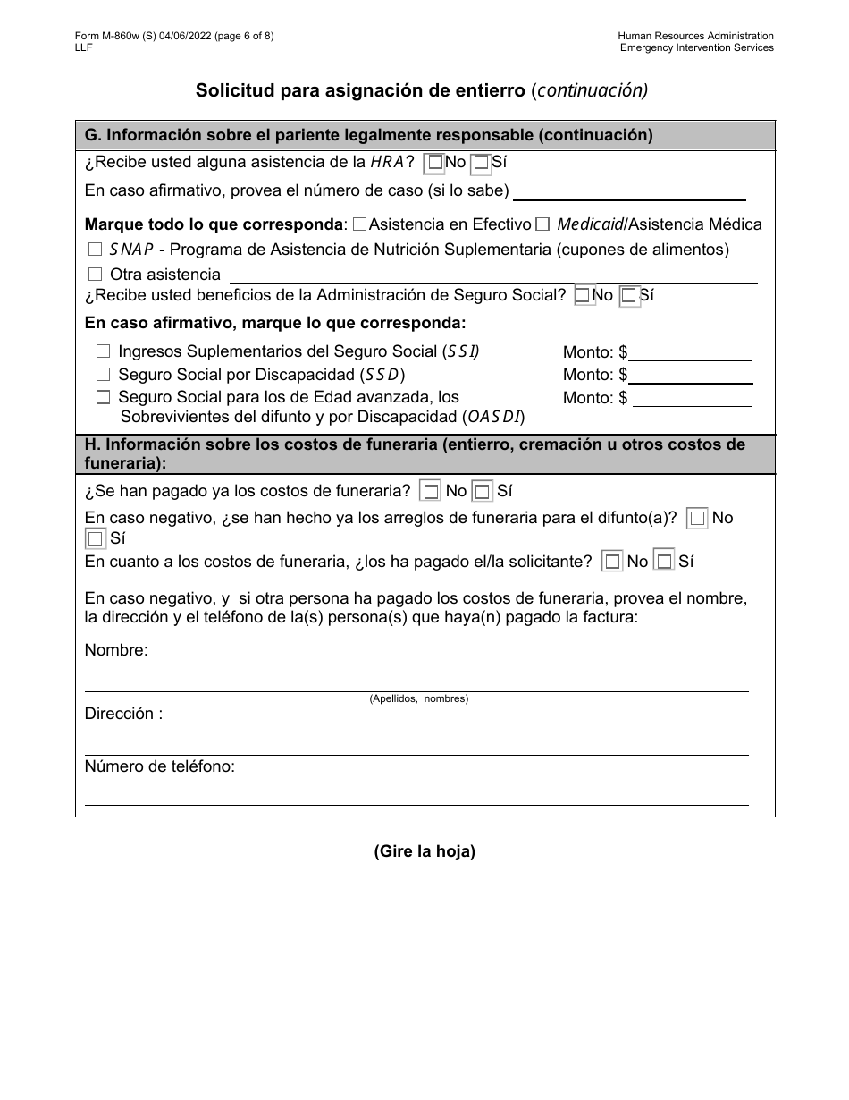 Formulario M-860W Solicitud Para Asignacion De Entierro - New York City (Spanish), Page 6