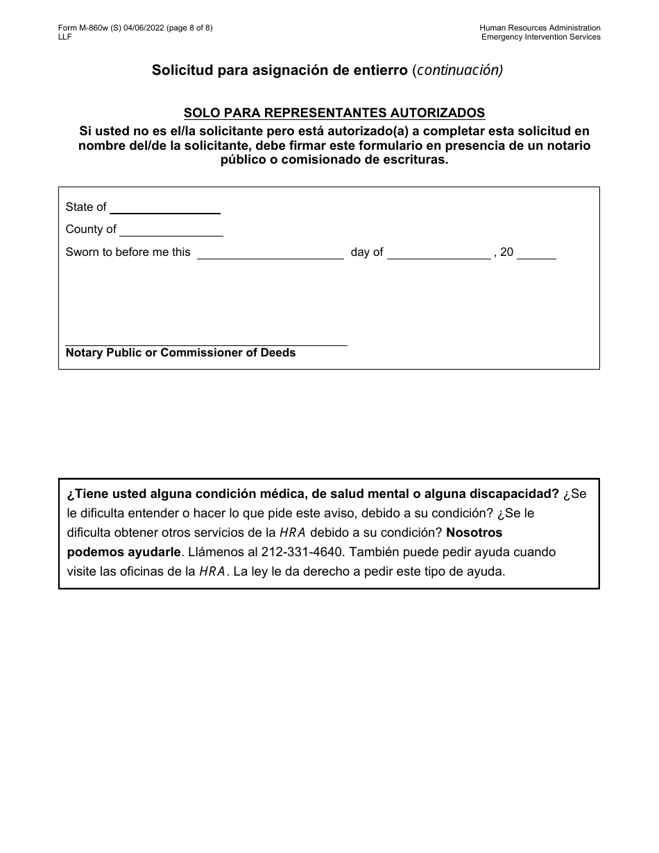 Formulario M-860W Solicitud Para Asignacion De Entierro - New York City (Spanish), Page 8