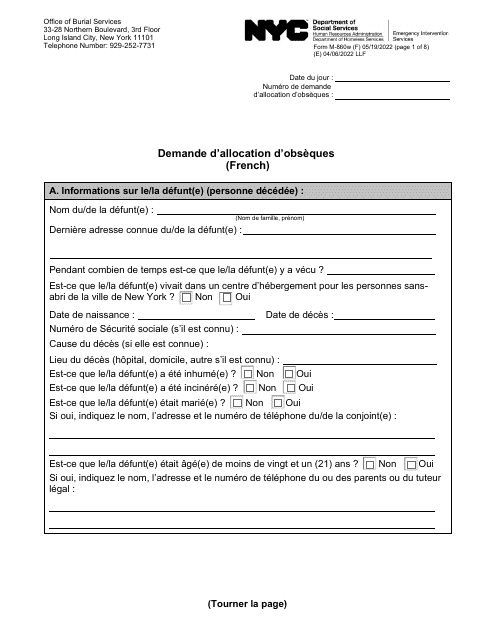 Form M-860W Application for Burial Allowance - New York City (French)