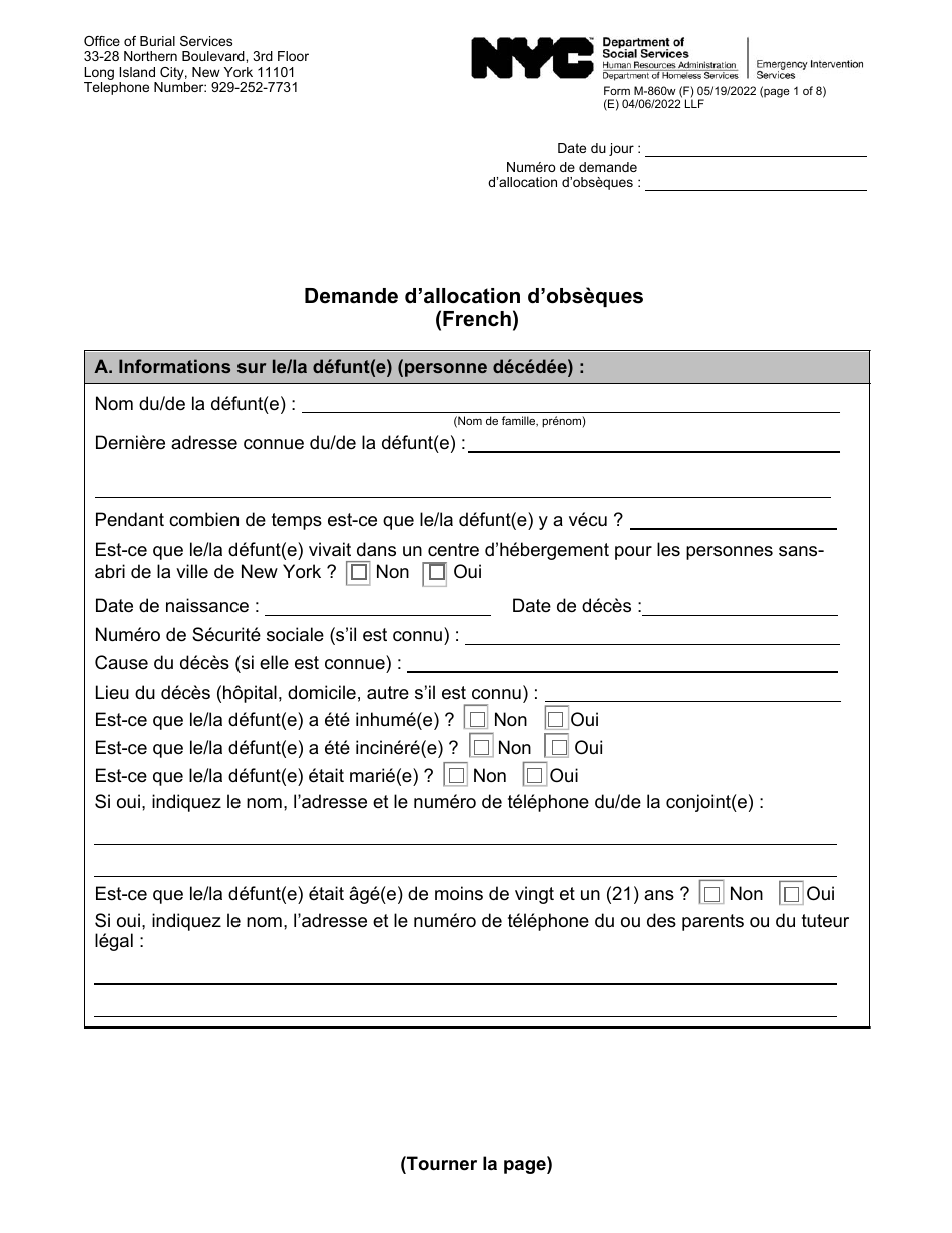 Form M-860W Application for Burial Allowance - New York City (French), Page 1