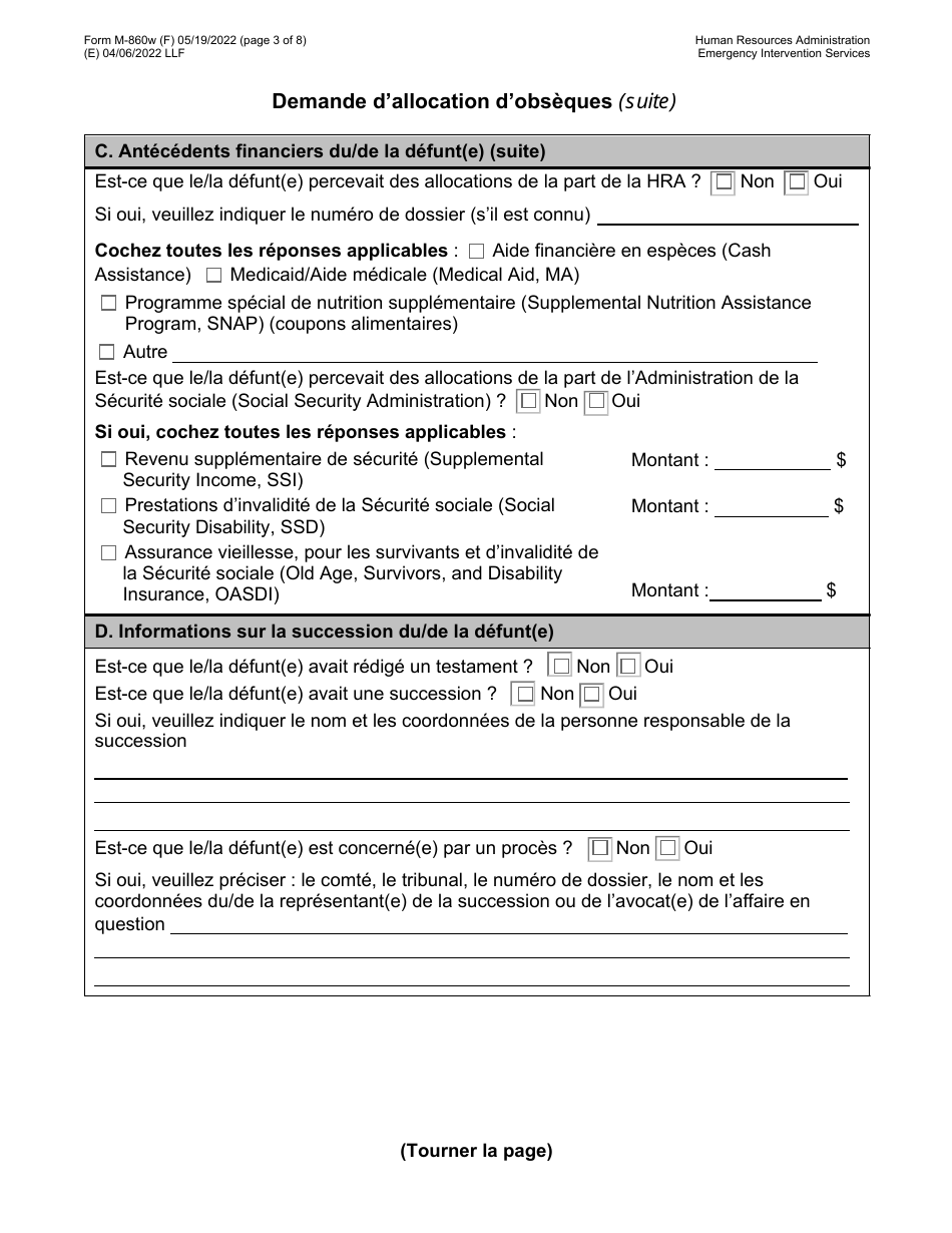 Form M-860W Application for Burial Allowance - New York City (French), Page 3