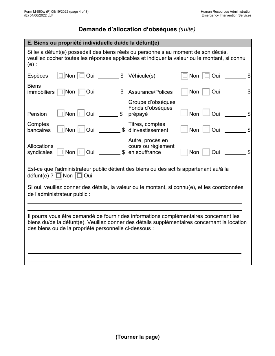 Form M-860W Application for Burial Allowance - New York City (French), Page 4