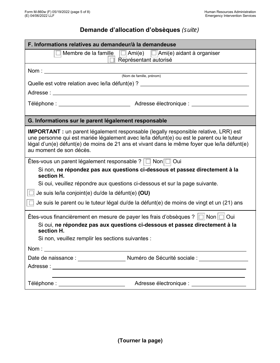 Form M-860W Application for Burial Allowance - New York City (French), Page 5