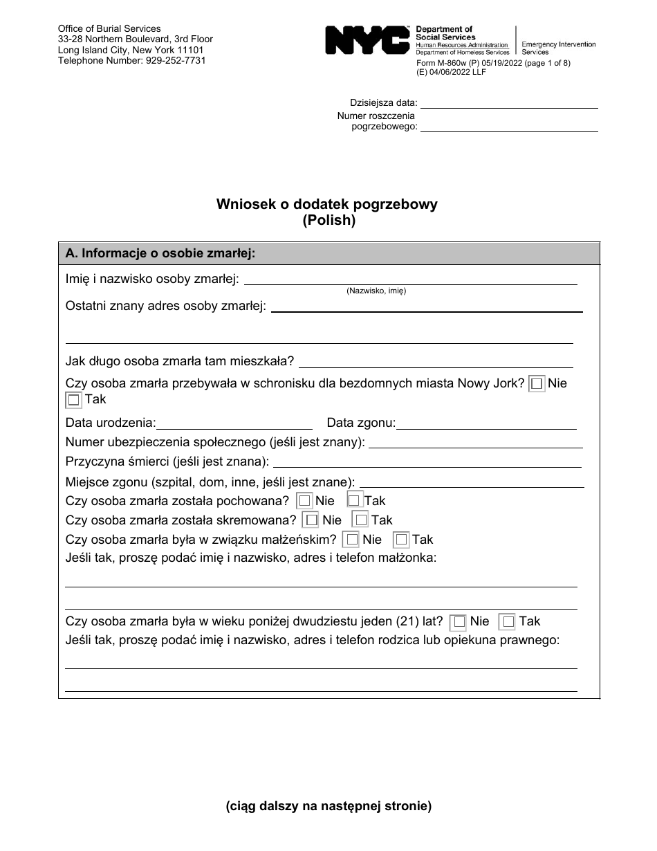 Form M-860W Application for Burial Allowance - New York City (Polish), Page 1