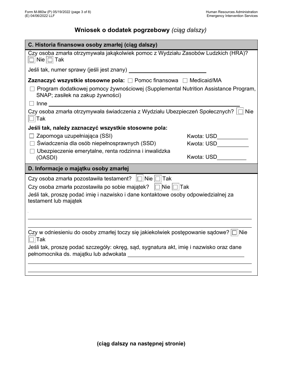Form M-860W Application for Burial Allowance - New York City (Polish), Page 3