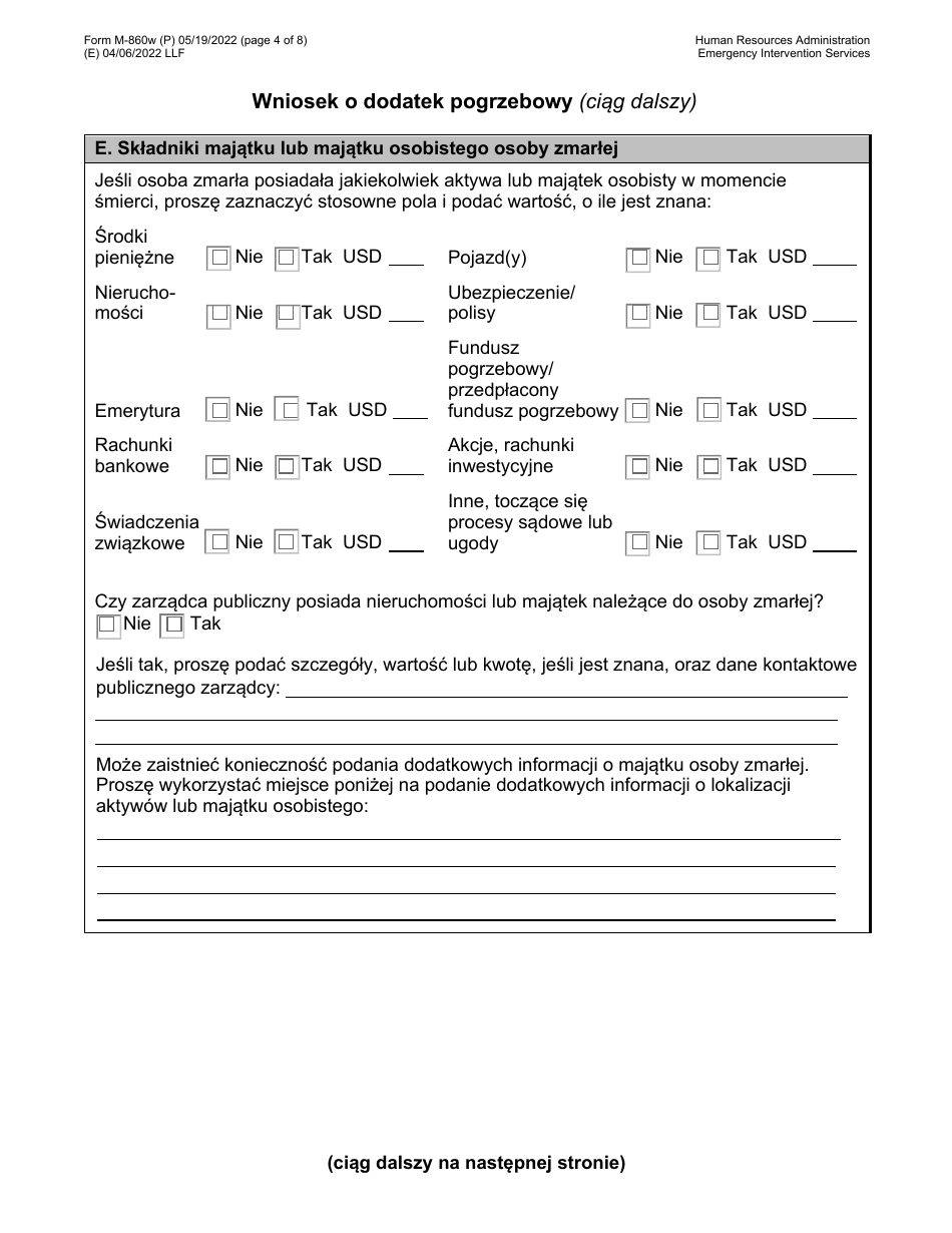 Form M-860W Application for Burial Allowance - New York City (Polish), Page 4