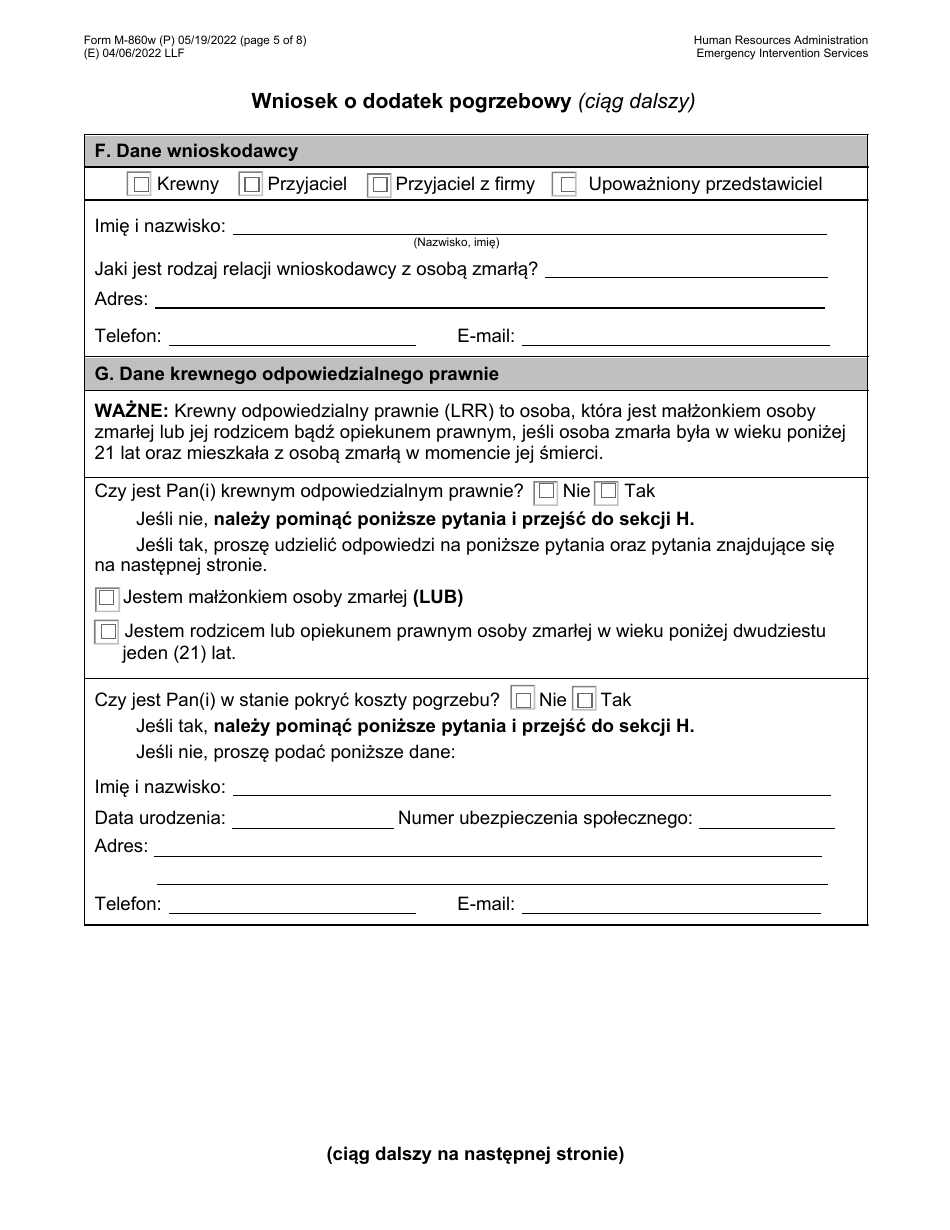 Form M-860W Application for Burial Allowance - New York City (Polish), Page 5