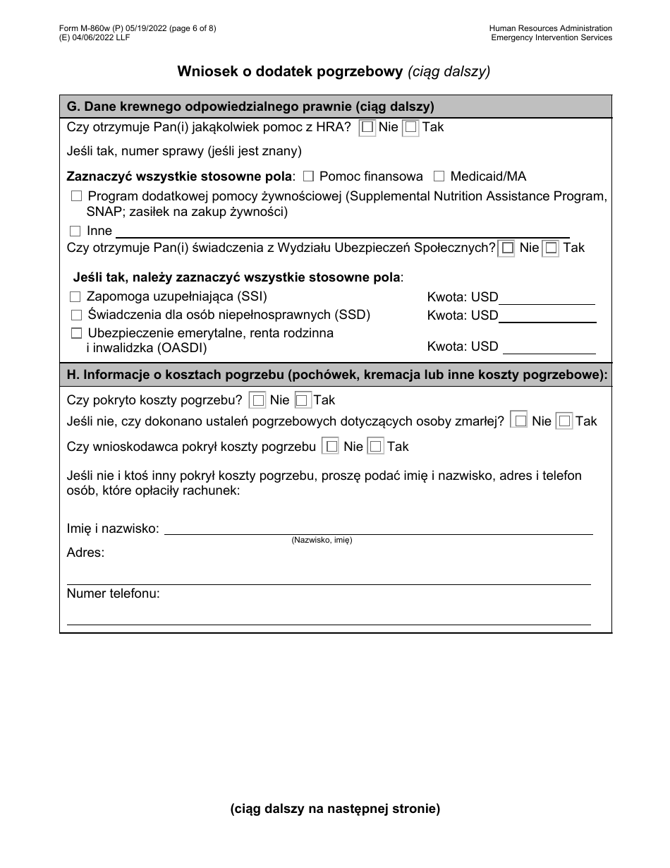 Form M-860W Application for Burial Allowance - New York City (Polish), Page 6
