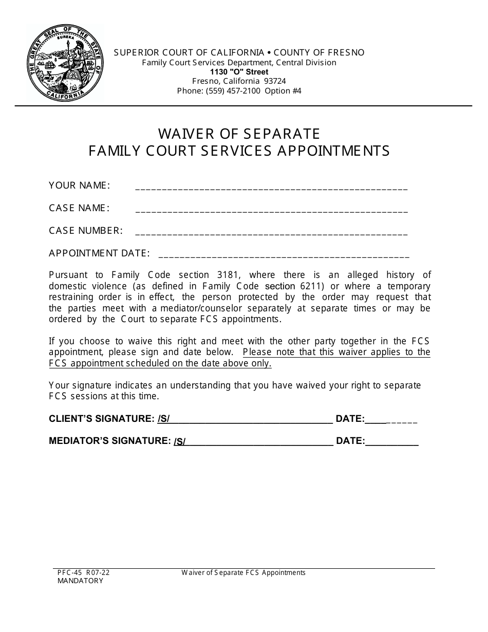 Form PFC-45 Waiver of Separate Family Court Services Appointments - County of Fresno, California, Page 1