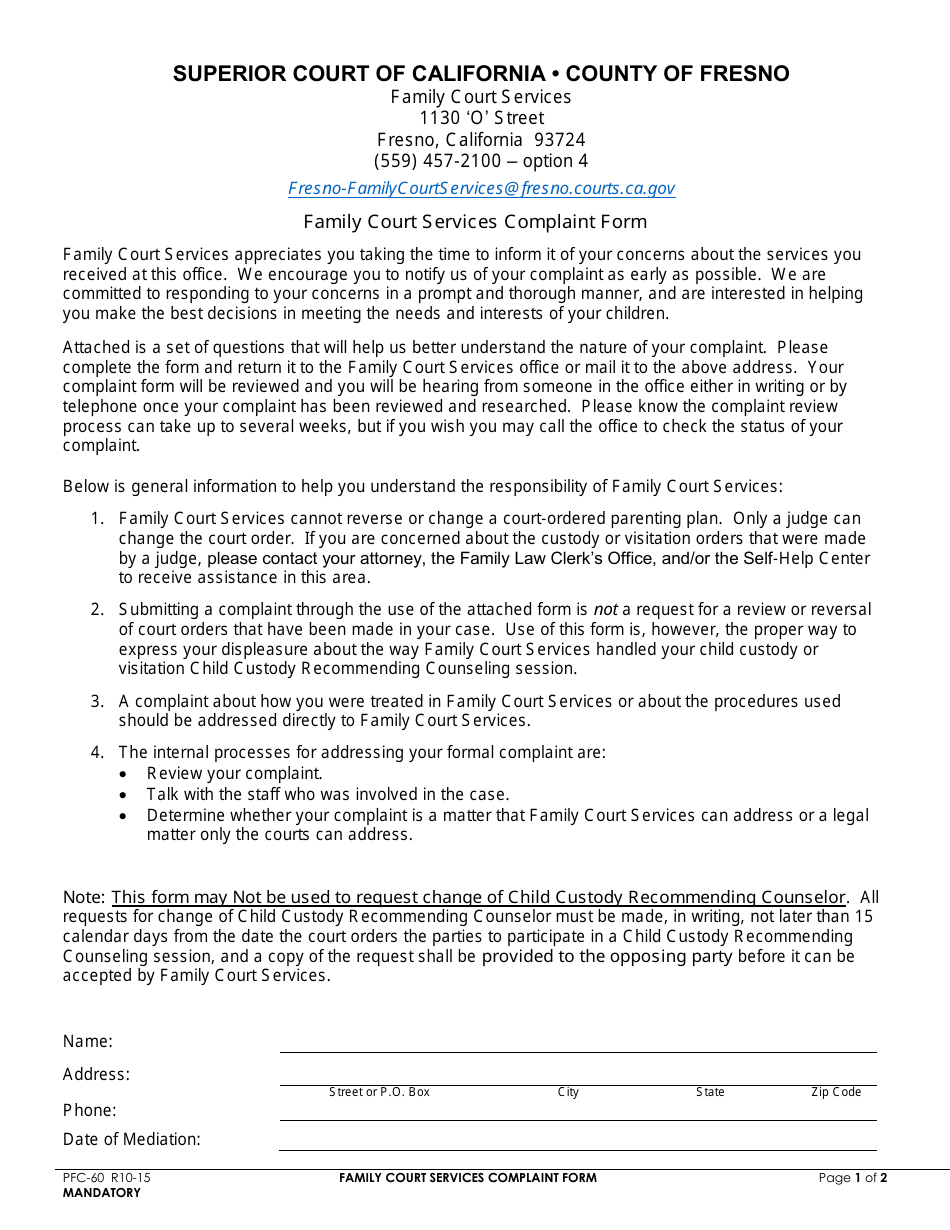 Form PFC-60 Family Court Services Complaint Form - County of Fresno, California, Page 1
