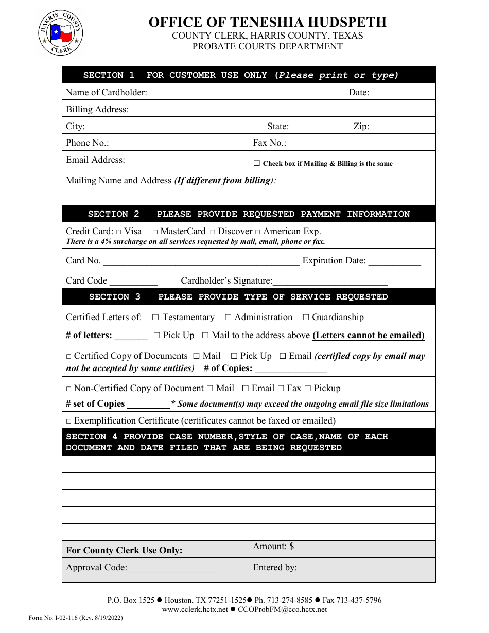Form I-02-116 Request/Credit Card Authorization Form - Harris County, Texas, Page 1