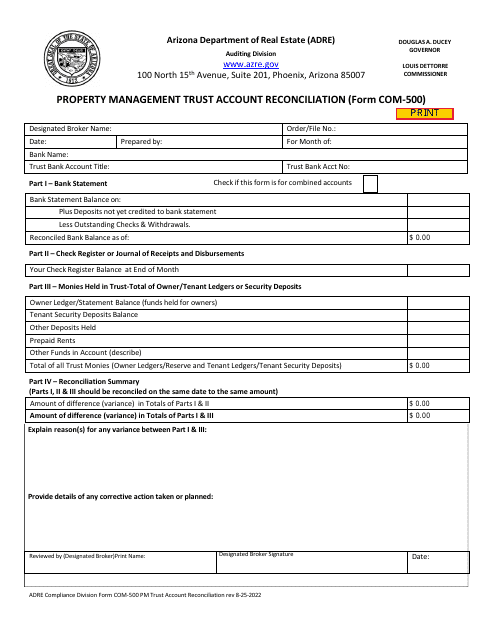 Form COM-500 Property Management Trust Account Reconciliation - Arizona