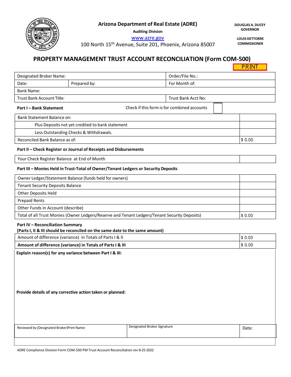 Form COM-500 Property Management Trust Account Reconciliation - Arizona, Page 1