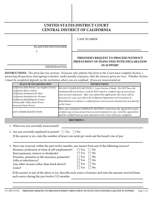Form CV-60P Prisoner's Request to Proceed Without Prepayment of Filing Fees With Declaration in Support - California