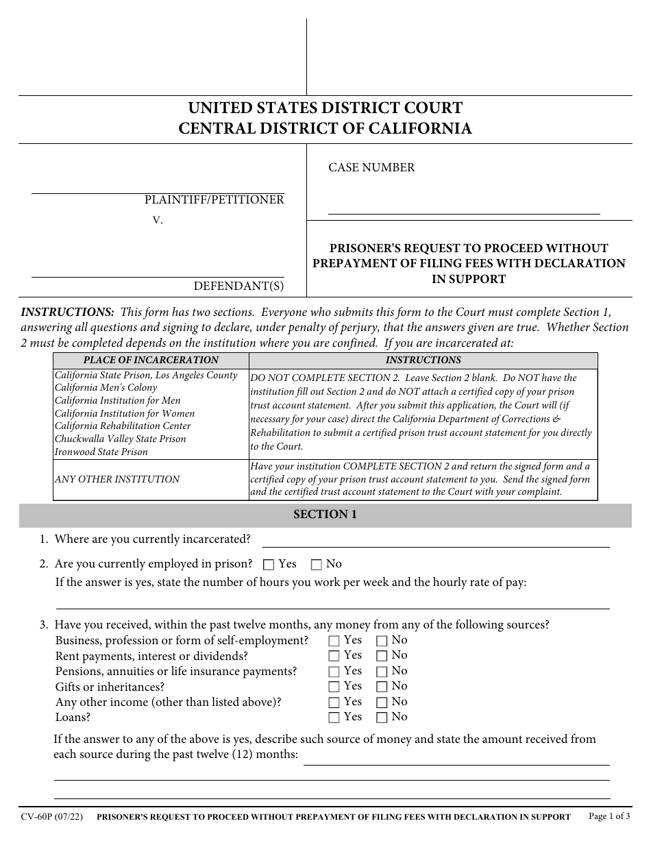 Form CV-60P Prisoners Request to Proceed Without Prepayment of Filing Fees With Declaration in Support - California, Page 1