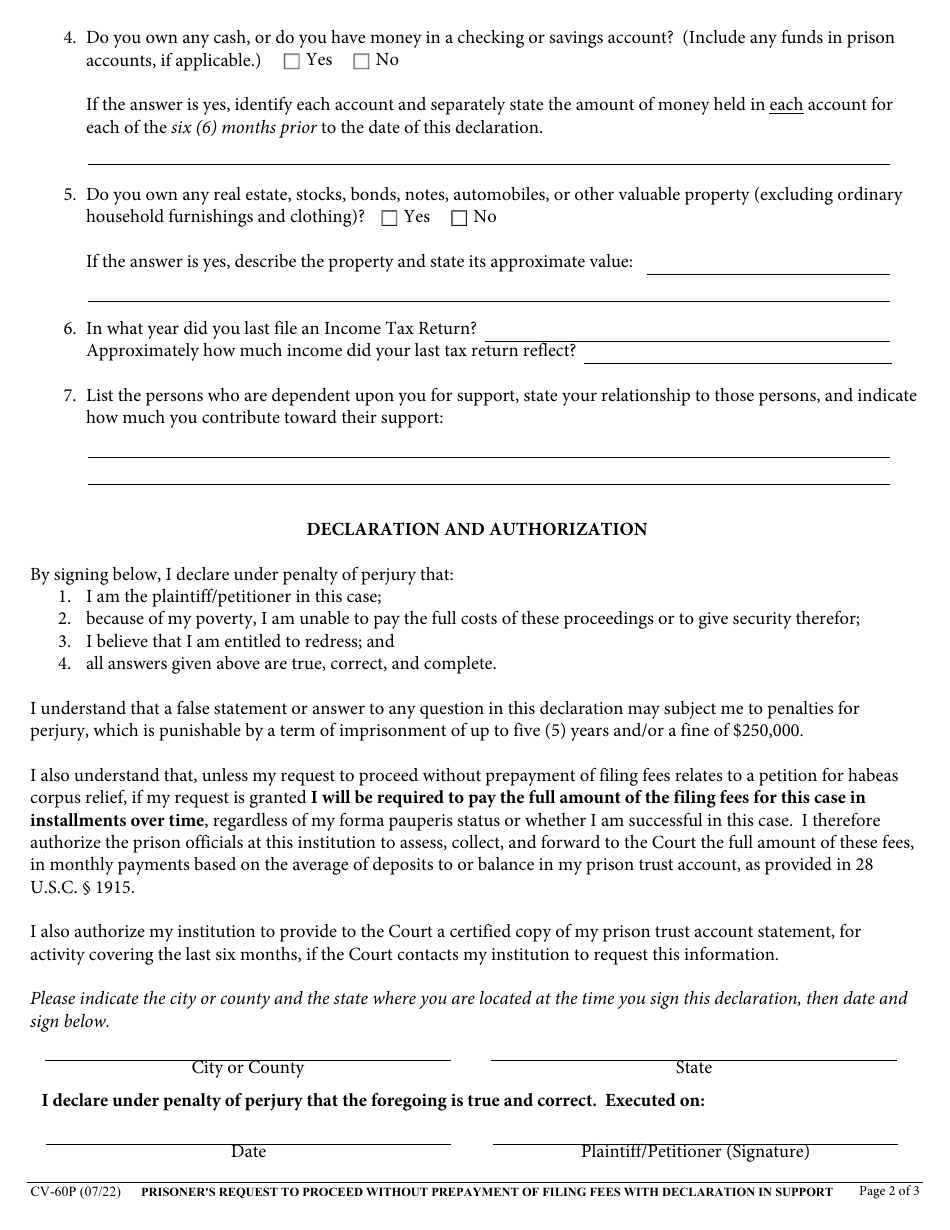 Form CV-60P Prisoners Request to Proceed Without Prepayment of Filing Fees With Declaration in Support - California, Page 2