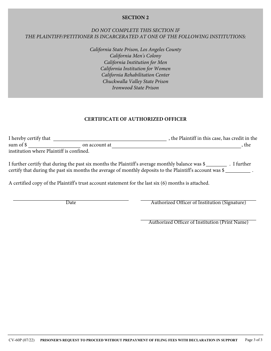 Form CV-60P Prisoners Request to Proceed Without Prepayment of Filing Fees With Declaration in Support - California, Page 3