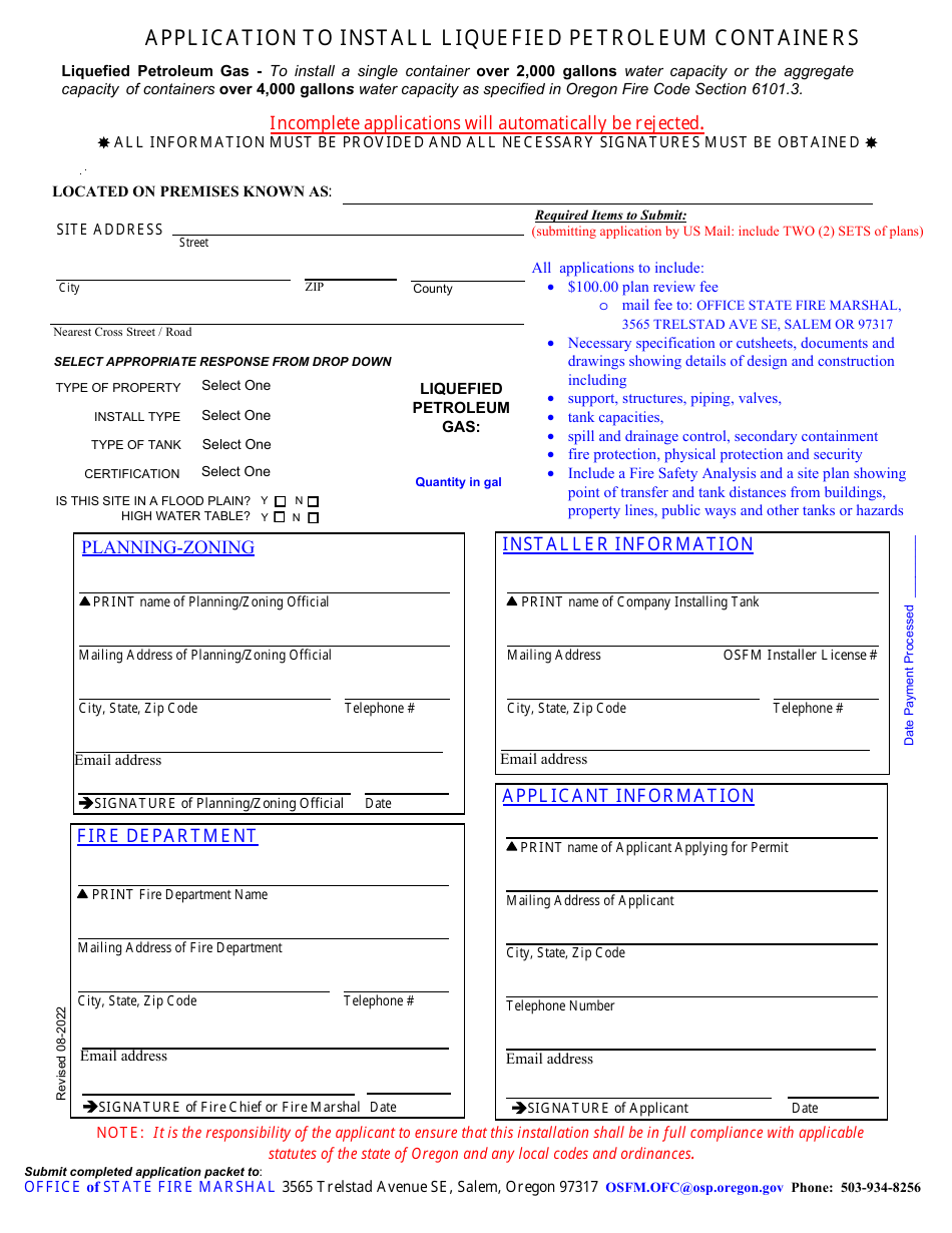 Application to Install Liquefied Petroleum Containers - Oregon, Page 1