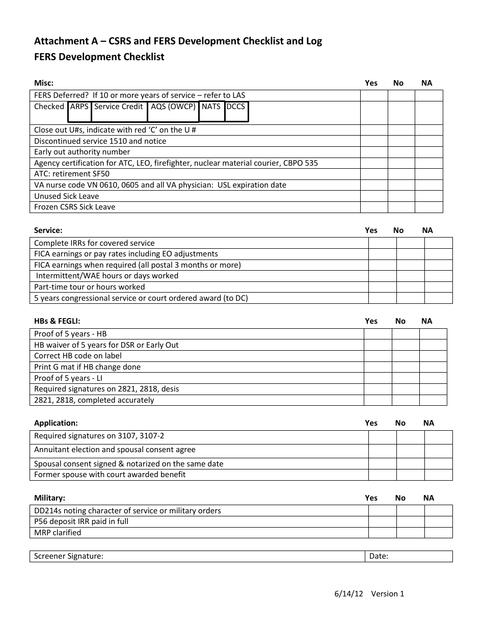 Attachment A Csrs and Fers Development Checklist and Log, Page 1
