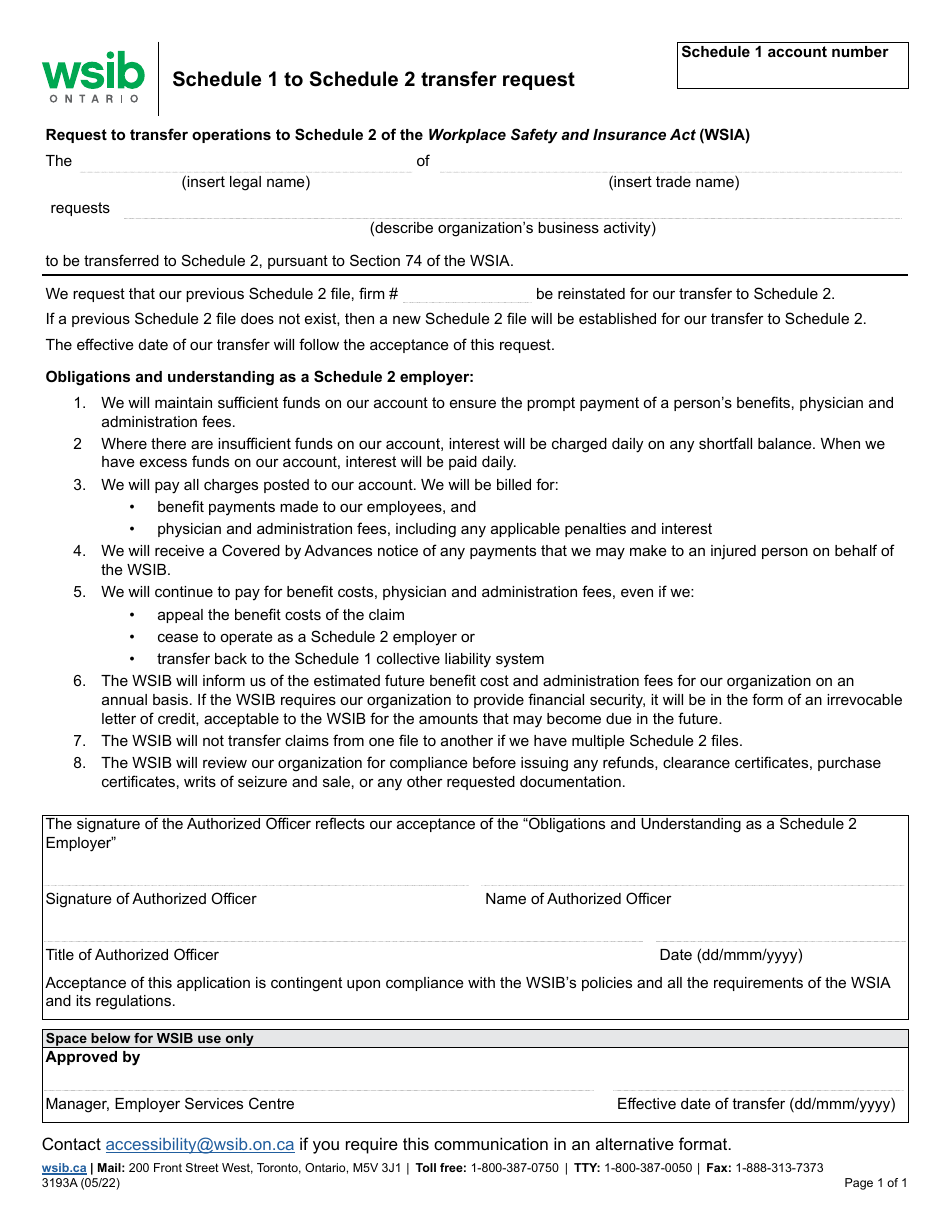 Form 3193A Schedule 1 to Schedule 2 Transfer Request - Ontario, Canada, Page 1