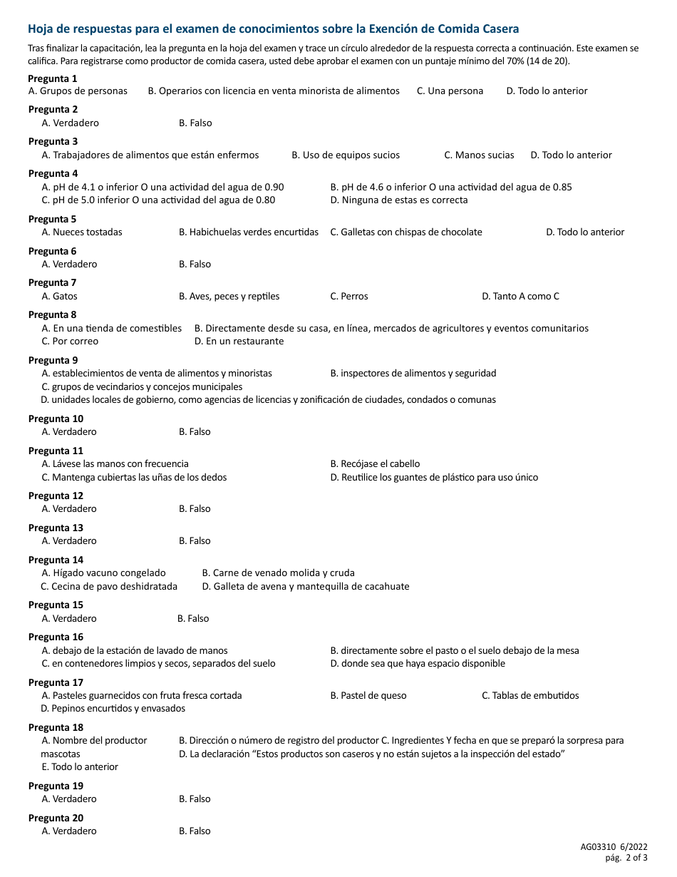 Formulario AG03310 Registro De Productor De Comida Casera - Minnesota (Spanish), Page 2