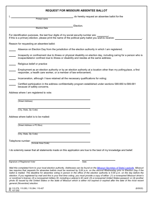 Form PL107-252 Request for Missouri Absentee Ballot - Missouri