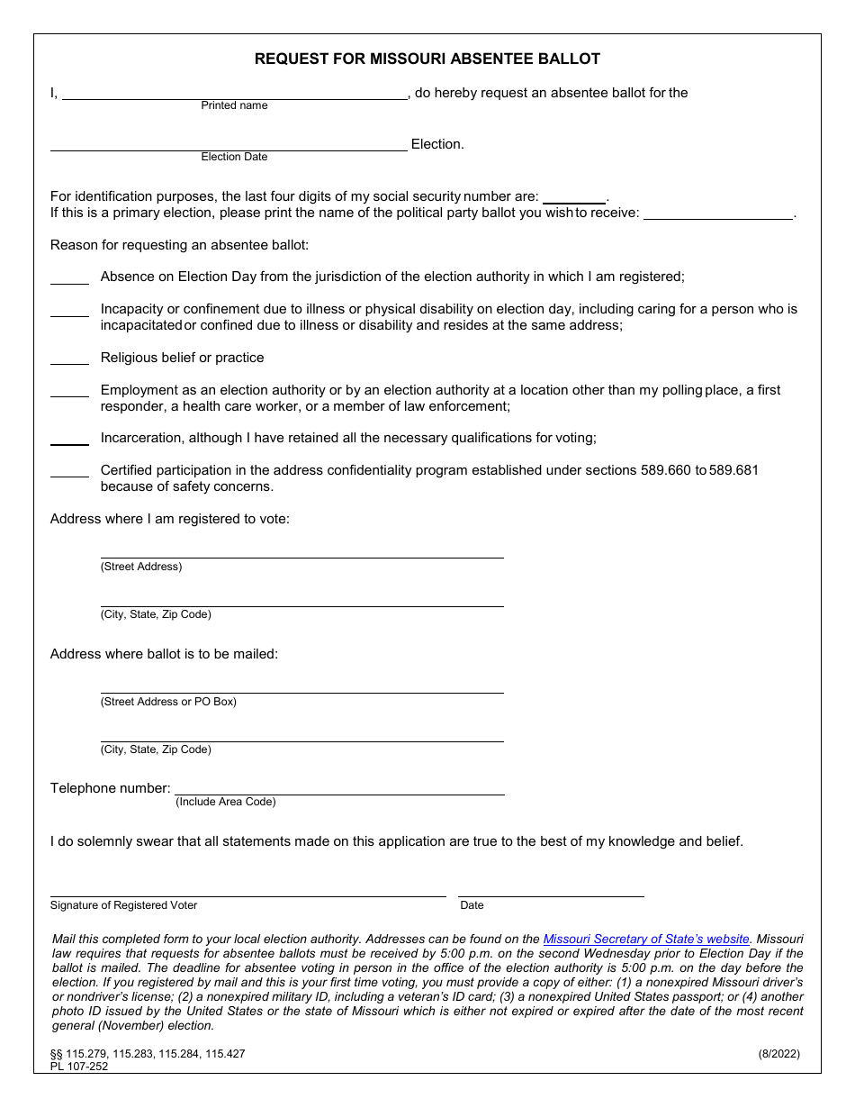 Form PL107-252 Request for Missouri Absentee Ballot - Missouri, Page 1