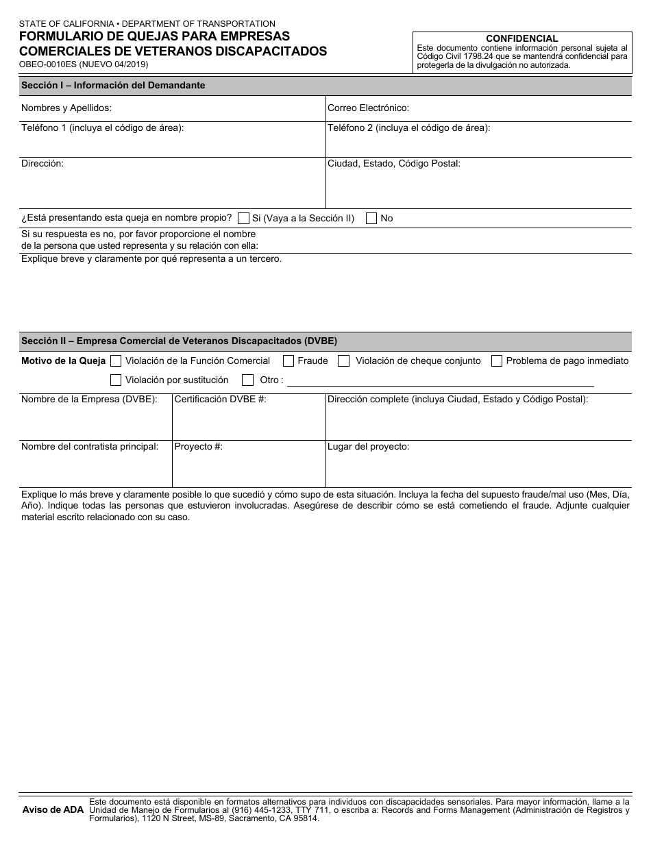 Formulario OBEO-0010ES Formulario De Quejas Para Empresas Comerciales De Veteranos Discapacitados - California (Spanish), Page 1