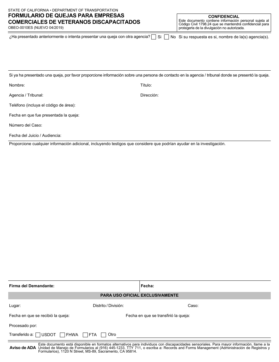 Formulario OBEO-0010ES Formulario De Quejas Para Empresas Comerciales De Veteranos Discapacitados - California (Spanish), Page 2