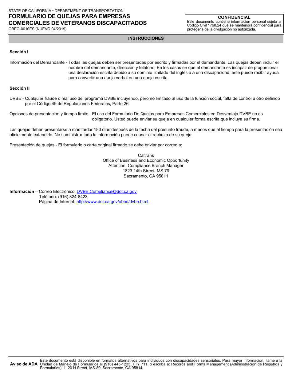 Formulario OBEO-0010ES Formulario De Quejas Para Empresas Comerciales De Veteranos Discapacitados - California (Spanish), Page 3