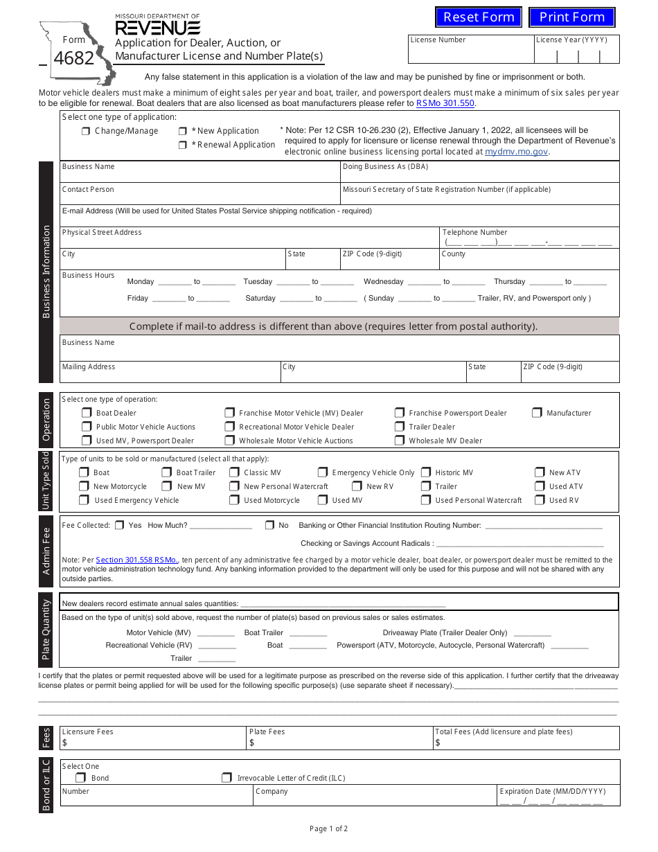 Form 4682 Application for Dealer, Auction, or Manufacturer License and Number Plate(S) - Missouri, Page 1