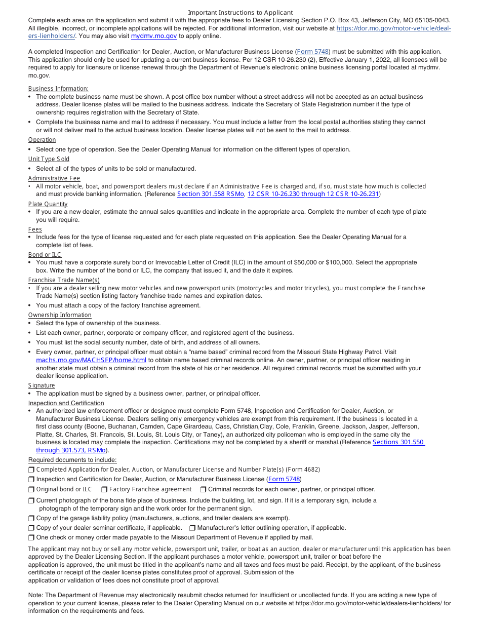 Form 4682 Download Fillable PDF or Fill Online Application for Dealer, Auction, or Manufacturer