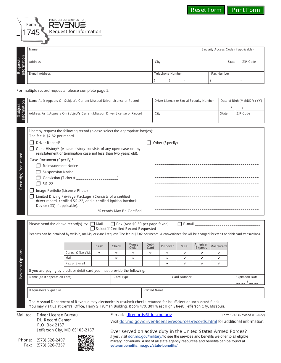 Form 1745 Request for Information - Missouri, Page 1