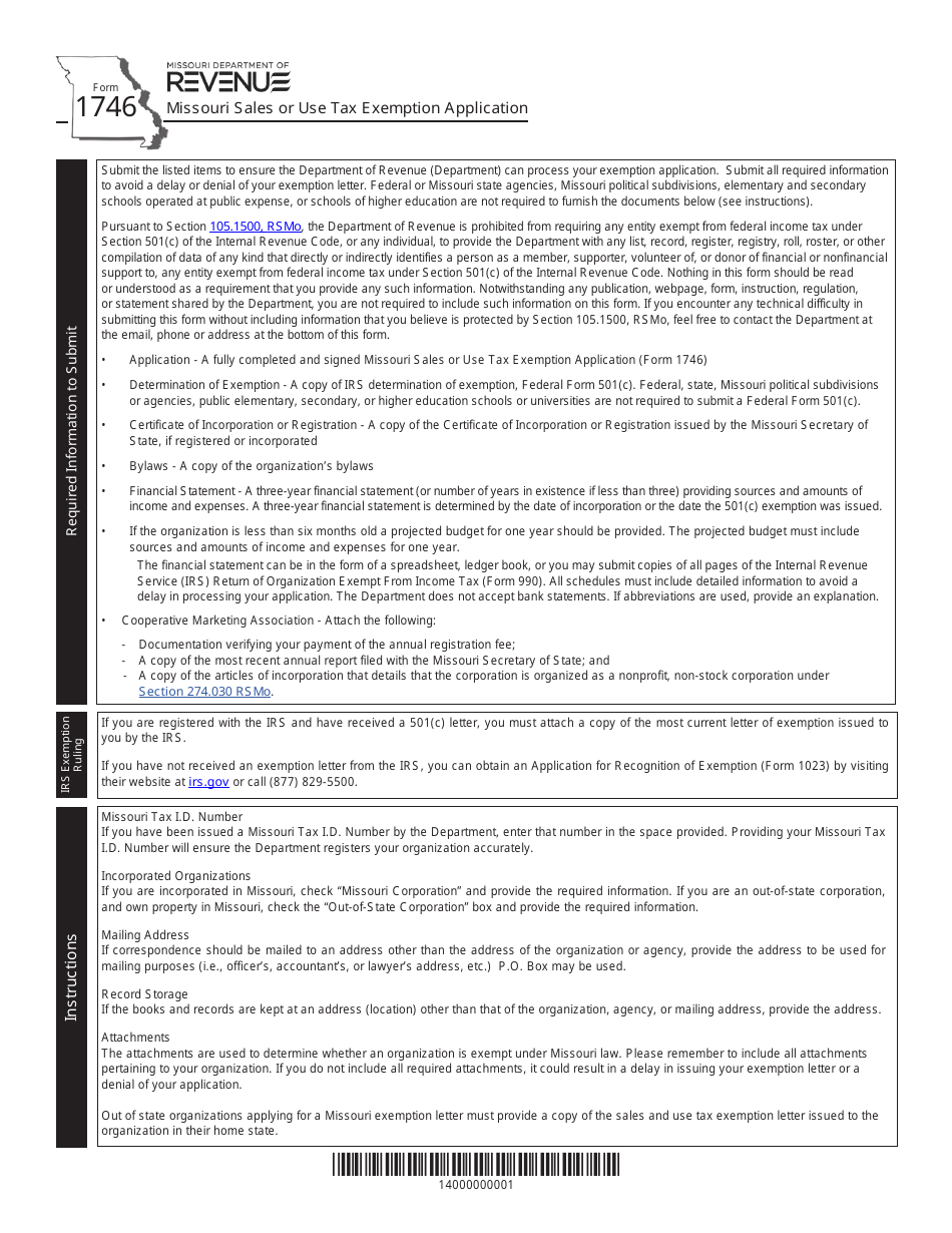 Form 1746 Missouri Sales or Use Tax Exemption Application - Missouri, Page 1