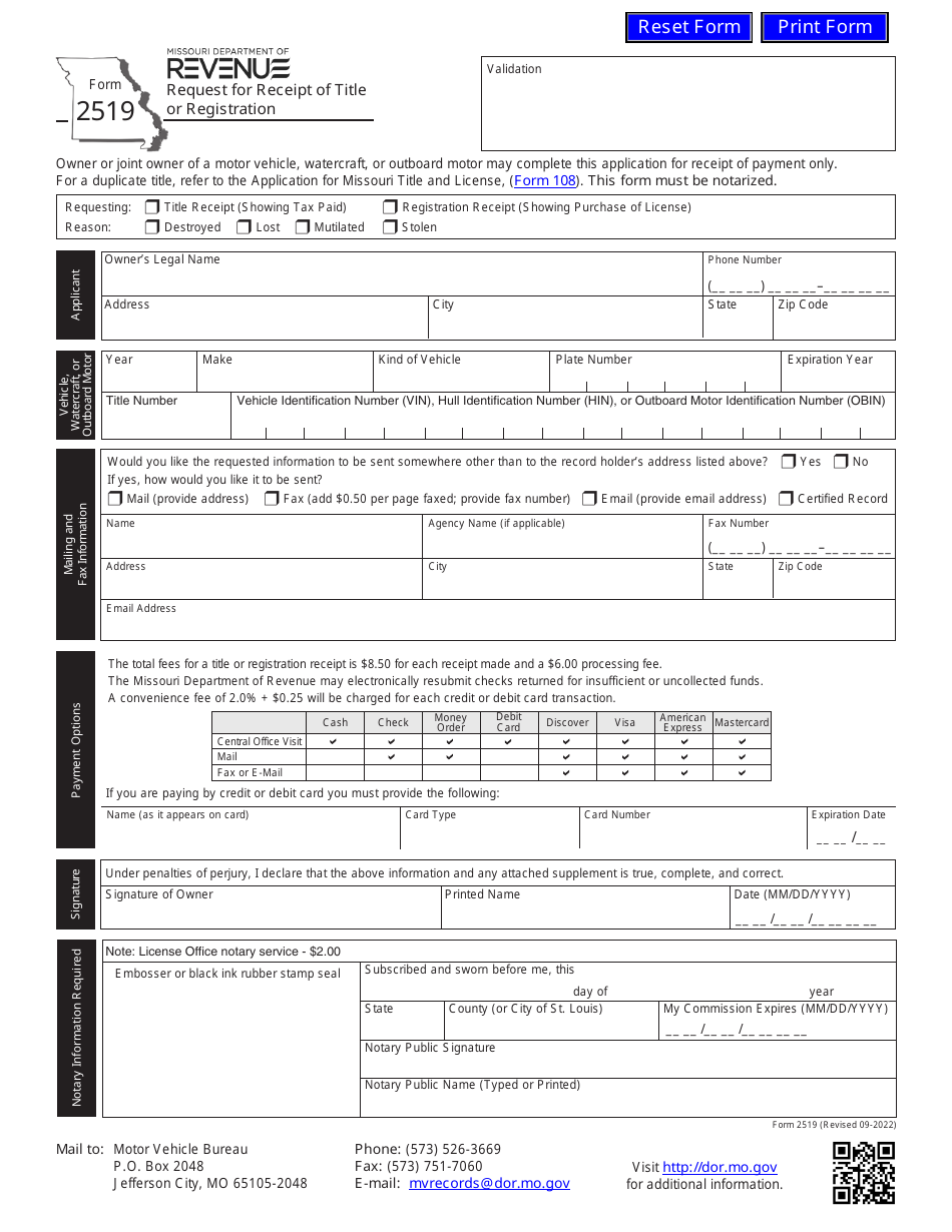 Form 2519 Fill Out, Sign Online and Download Fillable PDF, Missouri