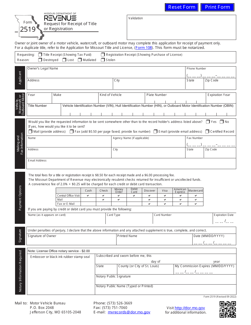 Form 2519 Request for Receipt of Title or Registration - Missouri, Page 1
