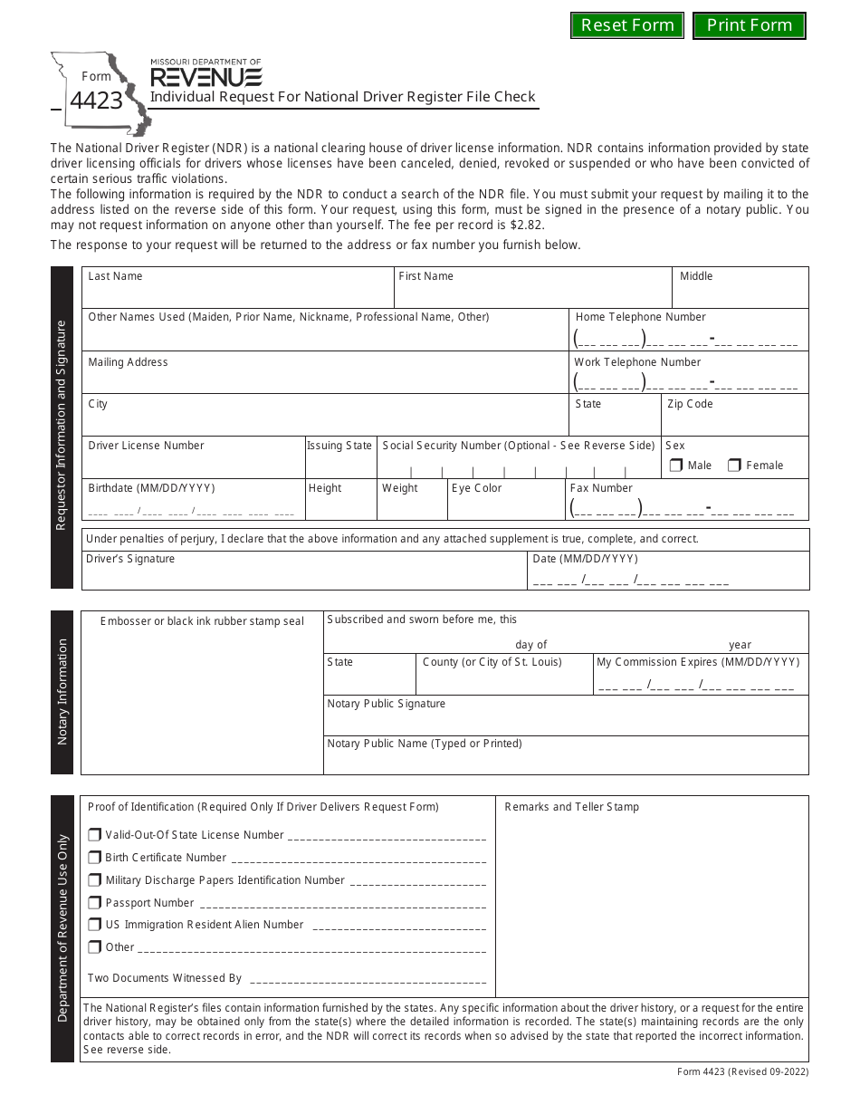Form 4423 Individual Request for National Driver Register File Check - Missouri, Page 1